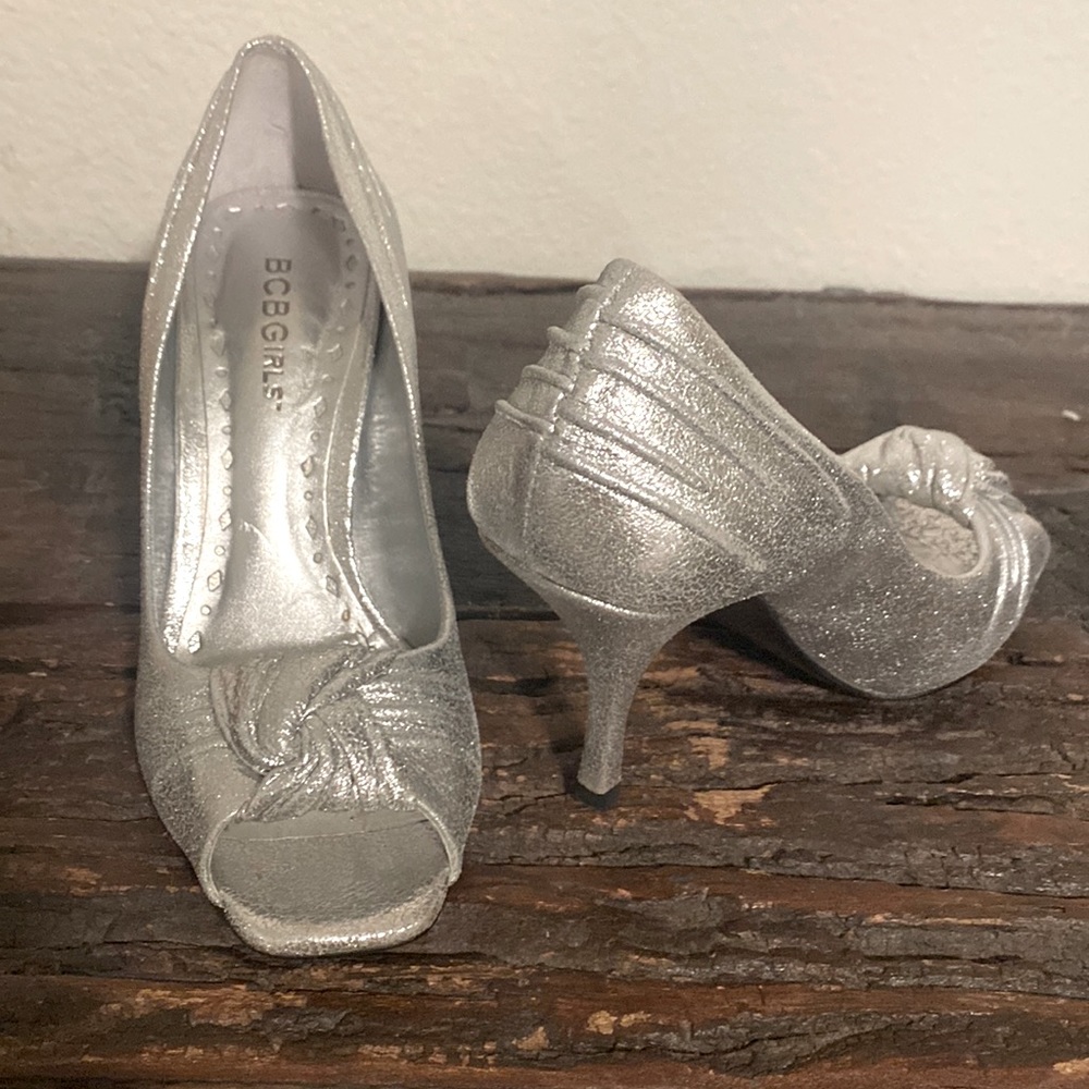 BCBG Girls metallic open tie,  peep toe heels